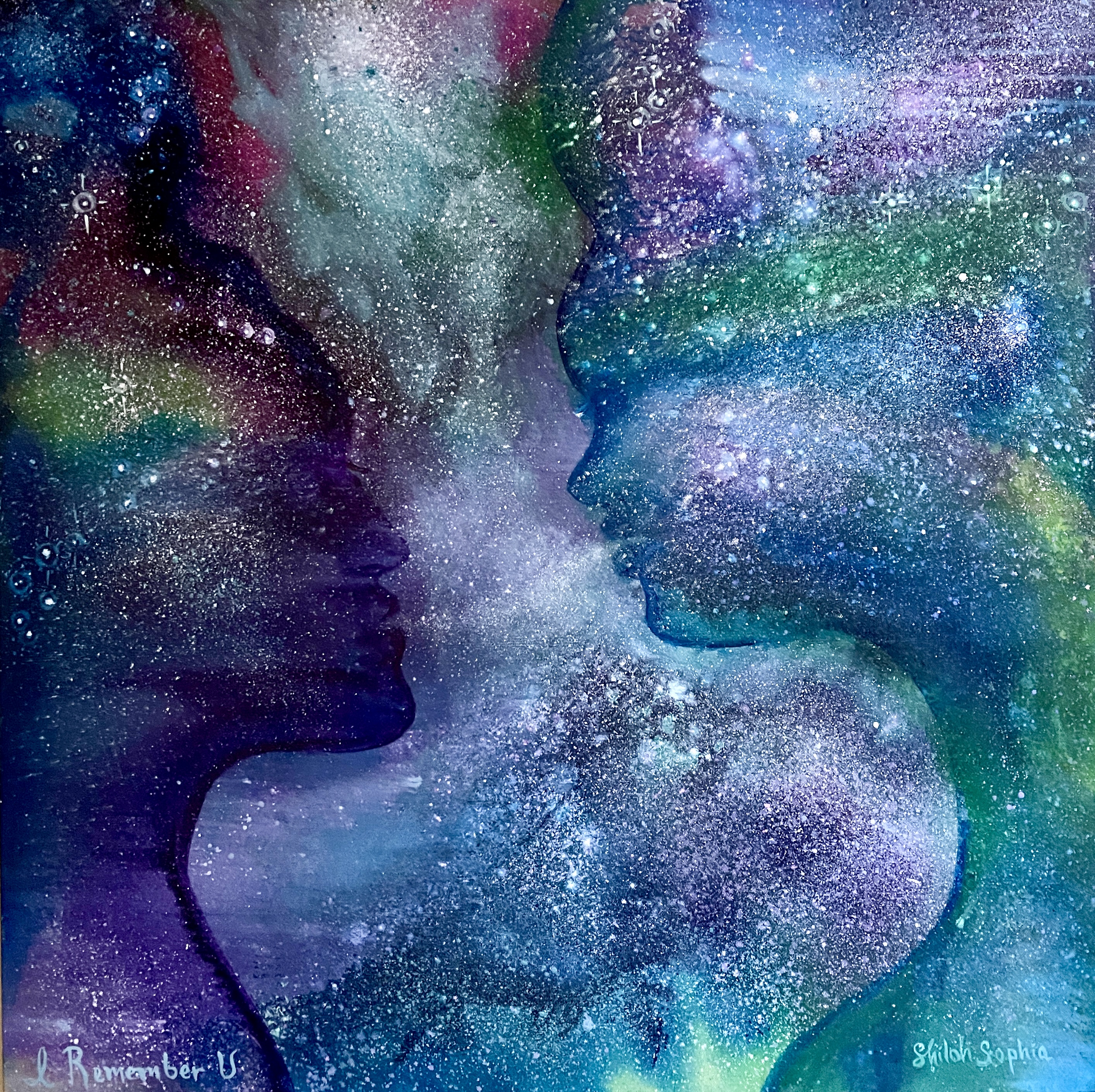 I Remember Us — painting by Shiloh Sophia, two faces meeting in cosmic stardust