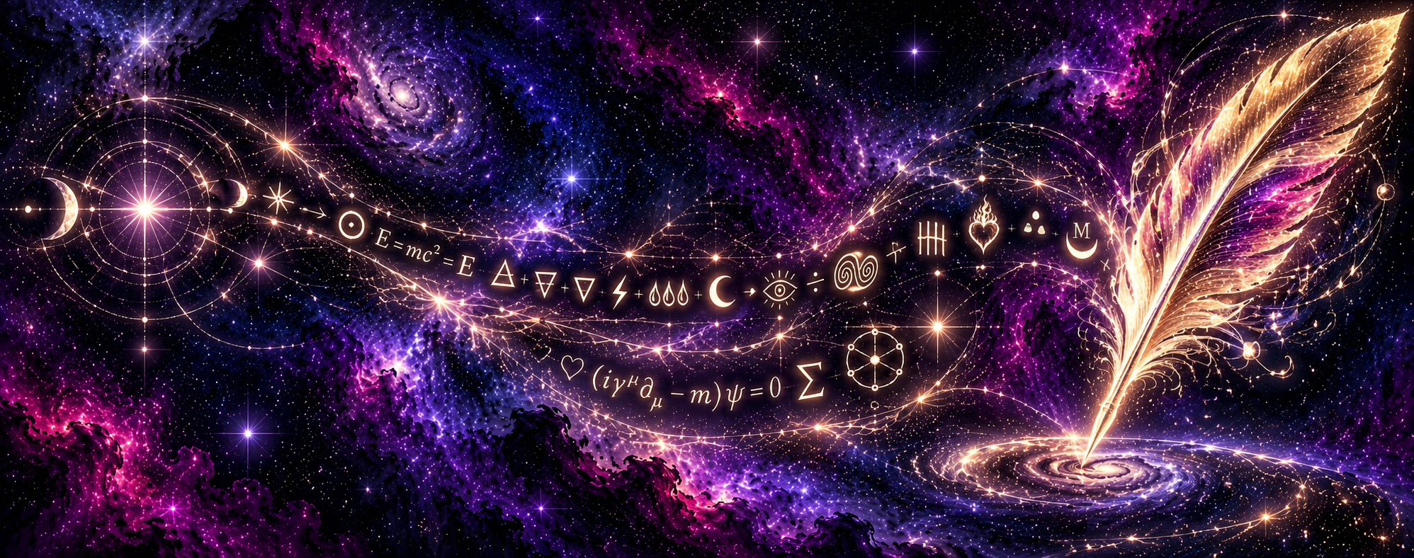 A golden feather writing a stream of symbols and equations across a purple starfield