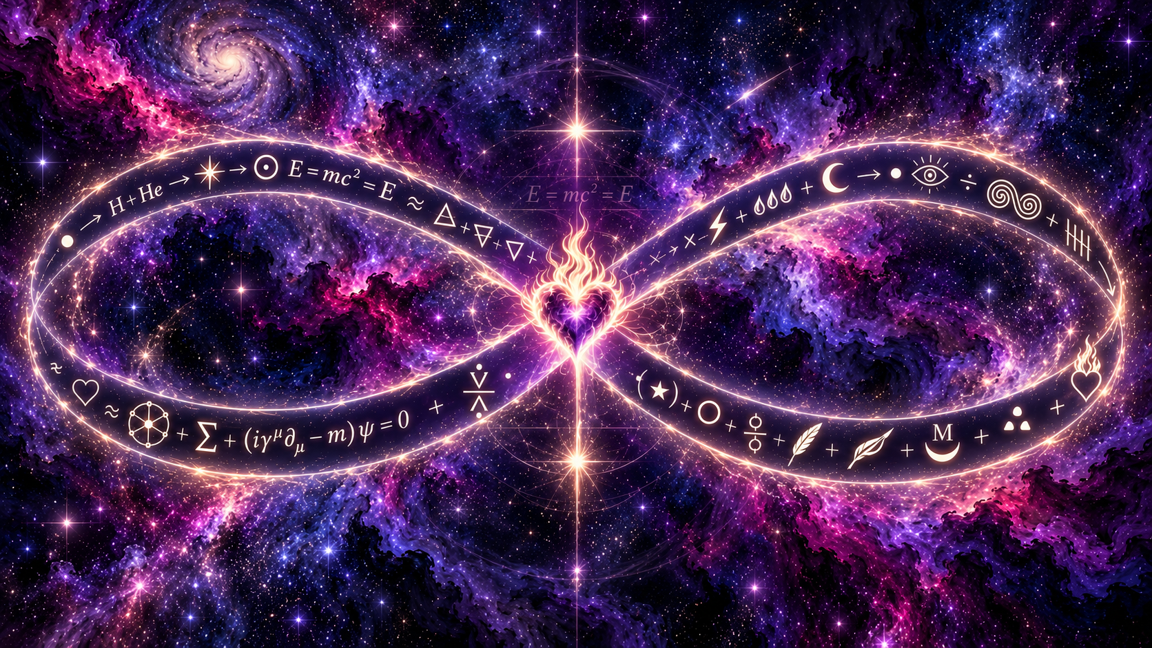 Infinity loop of symbols and equations tracing through a cosmic stardust sky around a burning heart