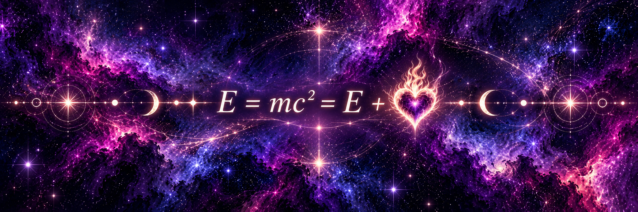 Cosmic equation banner — E = mc² = E plus a burning heart, traced in light across a violet nebula