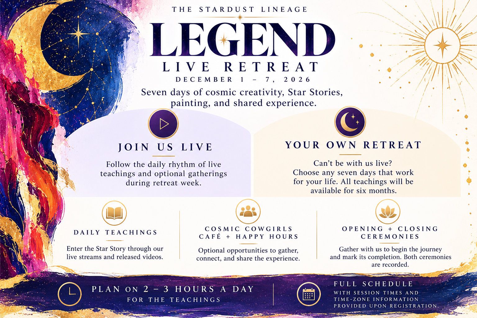 Legend Live Retreat schedule — join us live or take your own retreat, with daily teachings, Cosmic Cowgirls Café and Happy Hours, opening and closing ceremonies, and 2–3 hours a day for the teachings, December 1–7, 2026